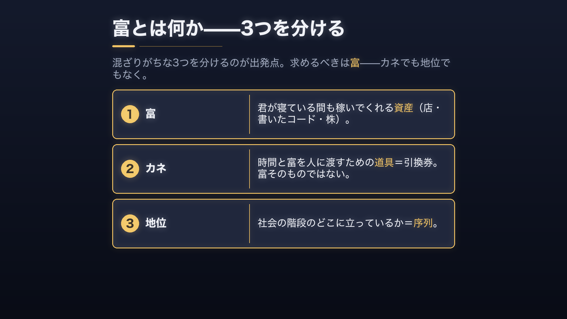 富＝寝ている間も稼ぐ資産／カネ＝富を渡す道具／地位＝階段の位置