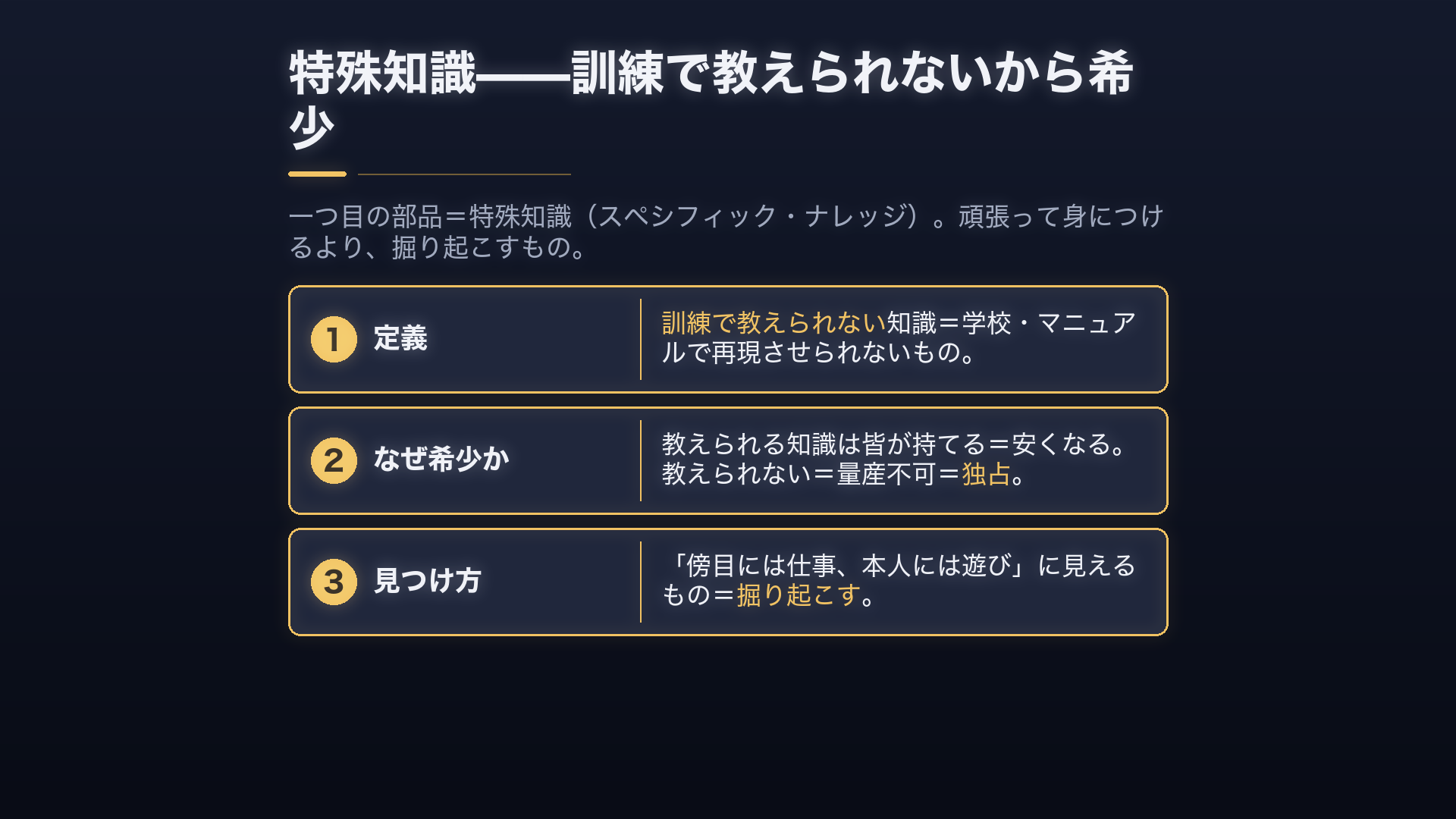 特殊知識＝訓練で教えられない知識。「傍目には仕事、本人には遊び」に見える＝希少＝独占