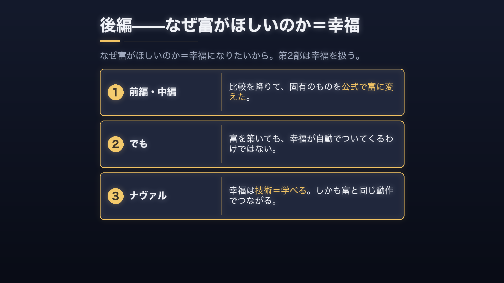富≠幸福。ナヴァルは「幸福は技術＝学べる」と言い、富と同じ動作でつながる